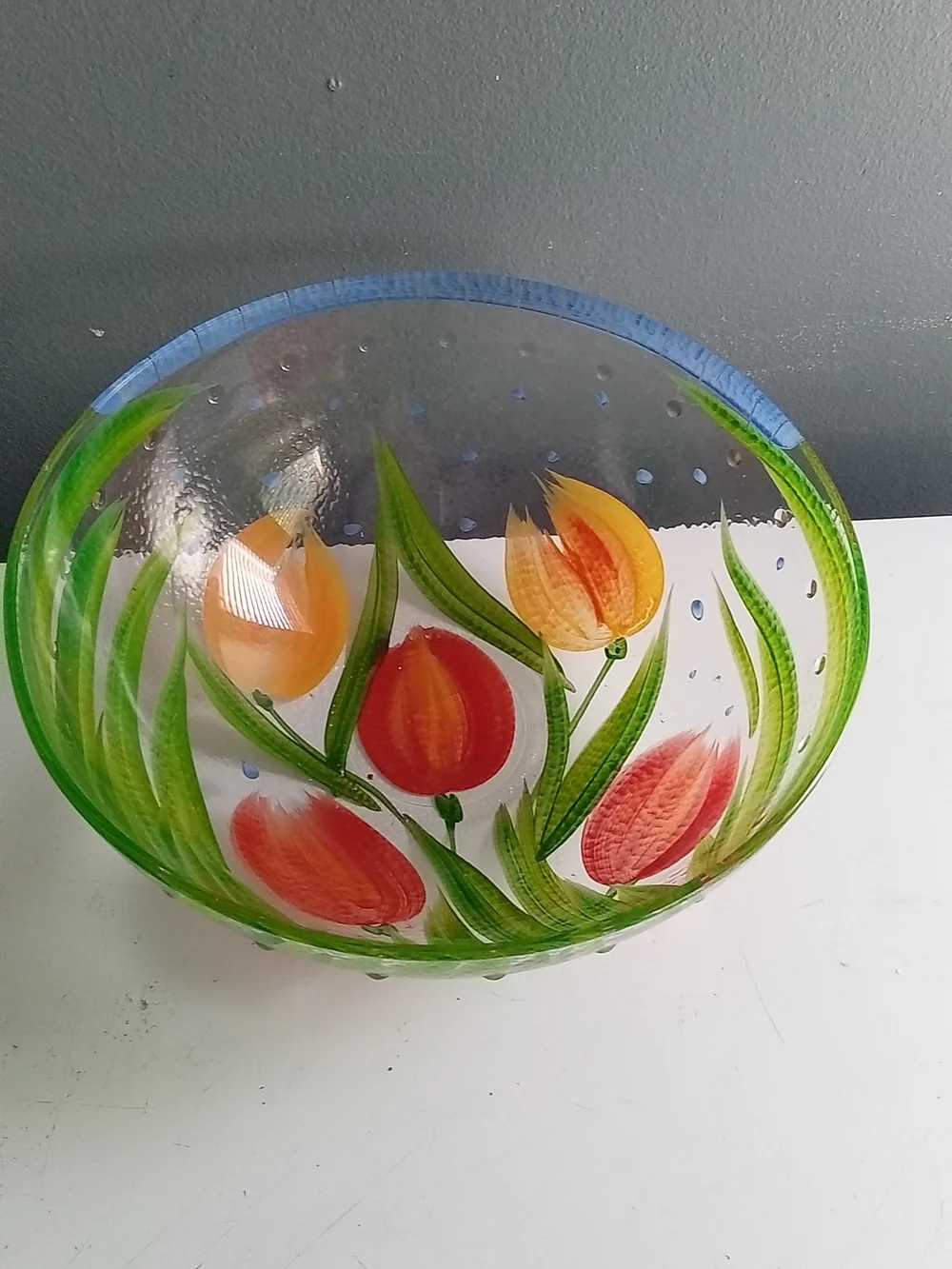 Hand Painted Glass Floral Tulip Serving Bowl Red Yellow Green Blue Trim